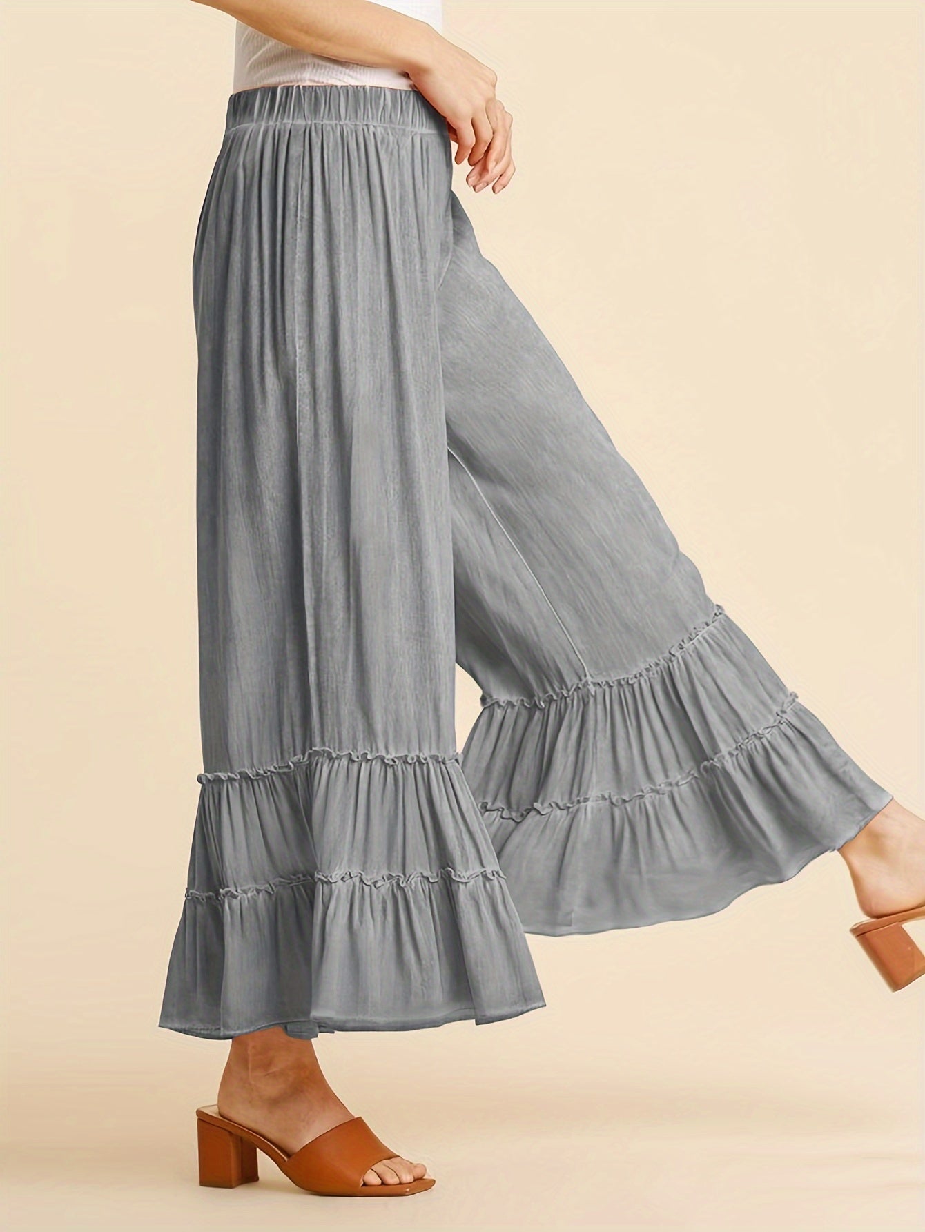 Women's Palazzo Pants For Elastic High Waisted Wide Leg Ruffle Ruched Loose Beach Trousers
