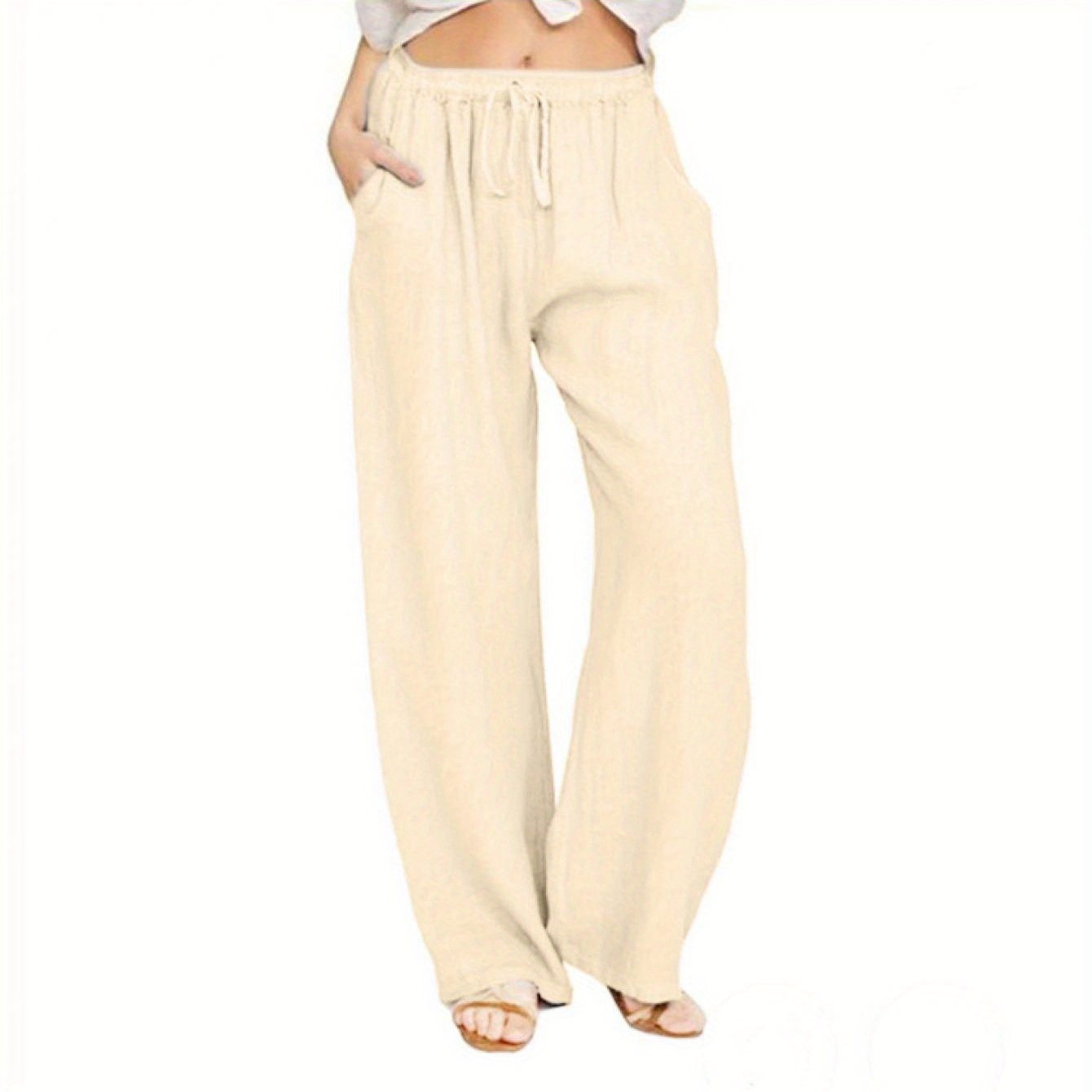Women Loose Linen Pants Solid Color Drawstring High Waist Trousers with Pockets for Spring Summer