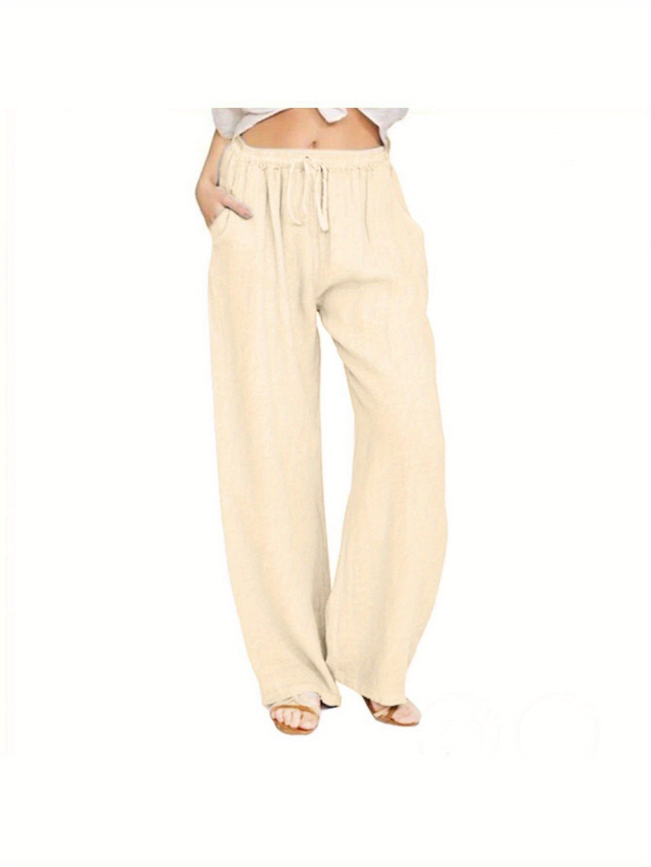 Women Loose Linen Pants Solid Color Drawstring High Waist Trousers with Pockets for Spring Summer