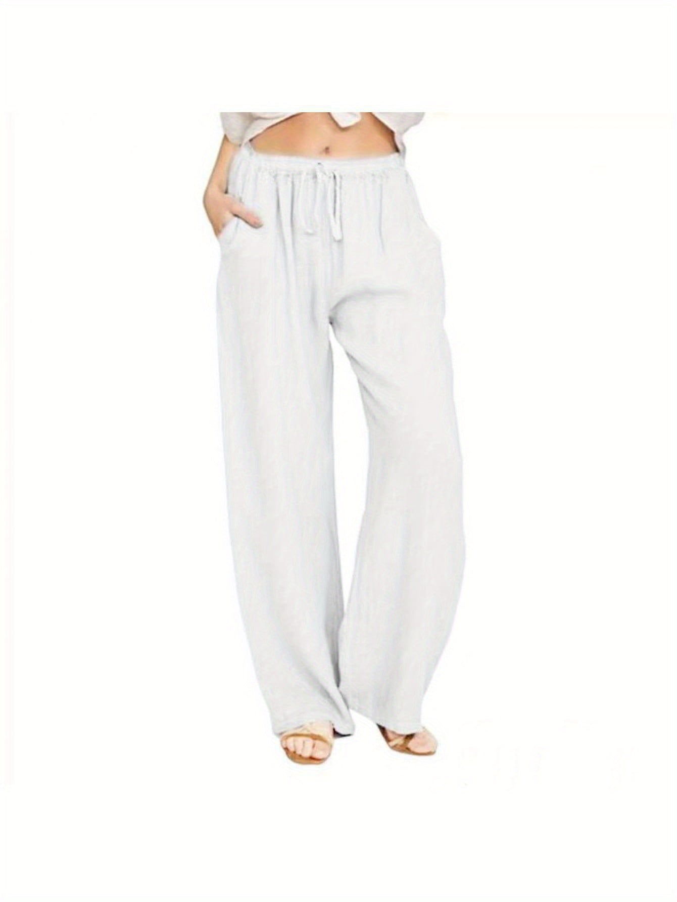 Women Loose Linen Pants Solid Color Drawstring High Waist Trousers with Pockets for Spring Summer