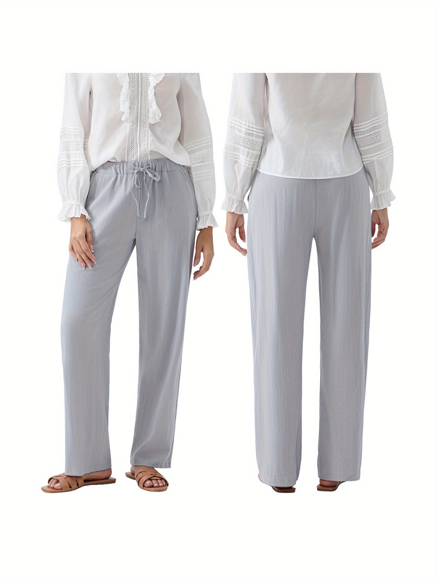 Women Loose Linen Pants Solid Color Drawstring High Waist Trousers with Pockets for Spring Summer