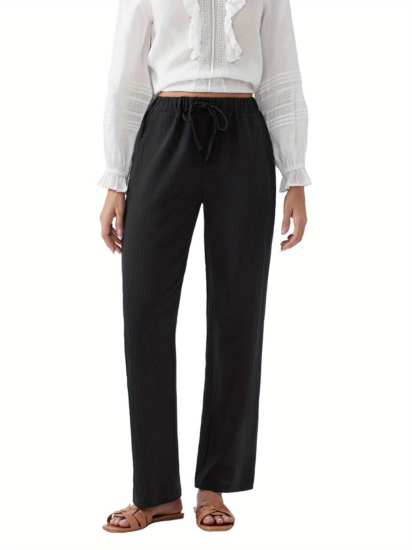 Women Loose Linen Pants Solid Color Drawstring High Waist Trousers with Pockets for Spring Summer