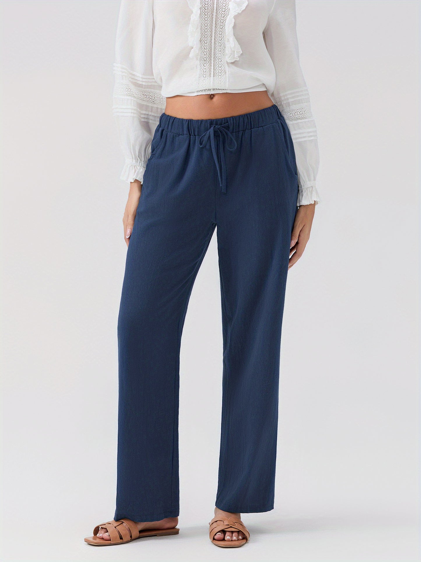 Women Loose Linen Pants Solid Color Drawstring High Waist Trousers with Pockets for Spring Summer