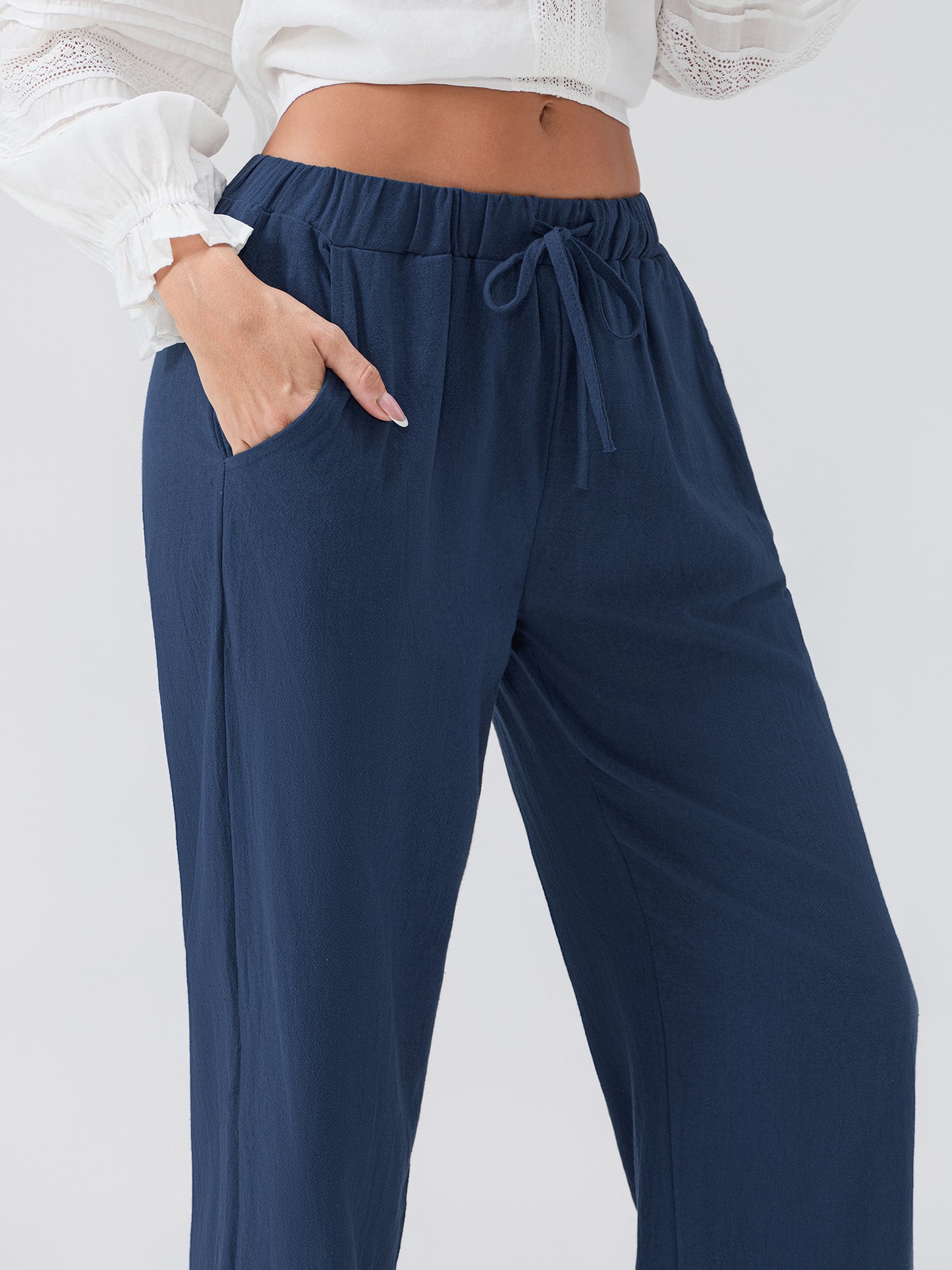 Women Loose Linen Pants Solid Color Drawstring High Waist Trousers with Pockets for Spring Summer