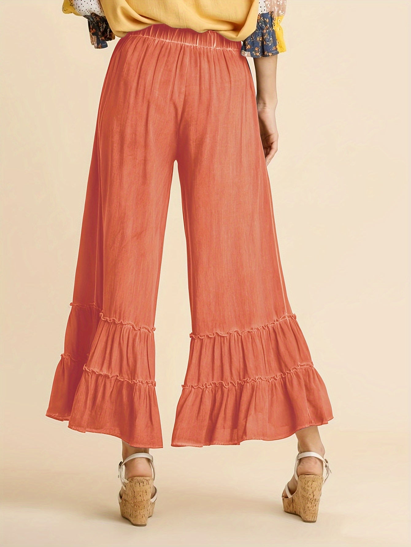 Women's Palazzo Pants For Elastic High Waisted Wide Leg Ruffle Ruched Loose Beach Trousers