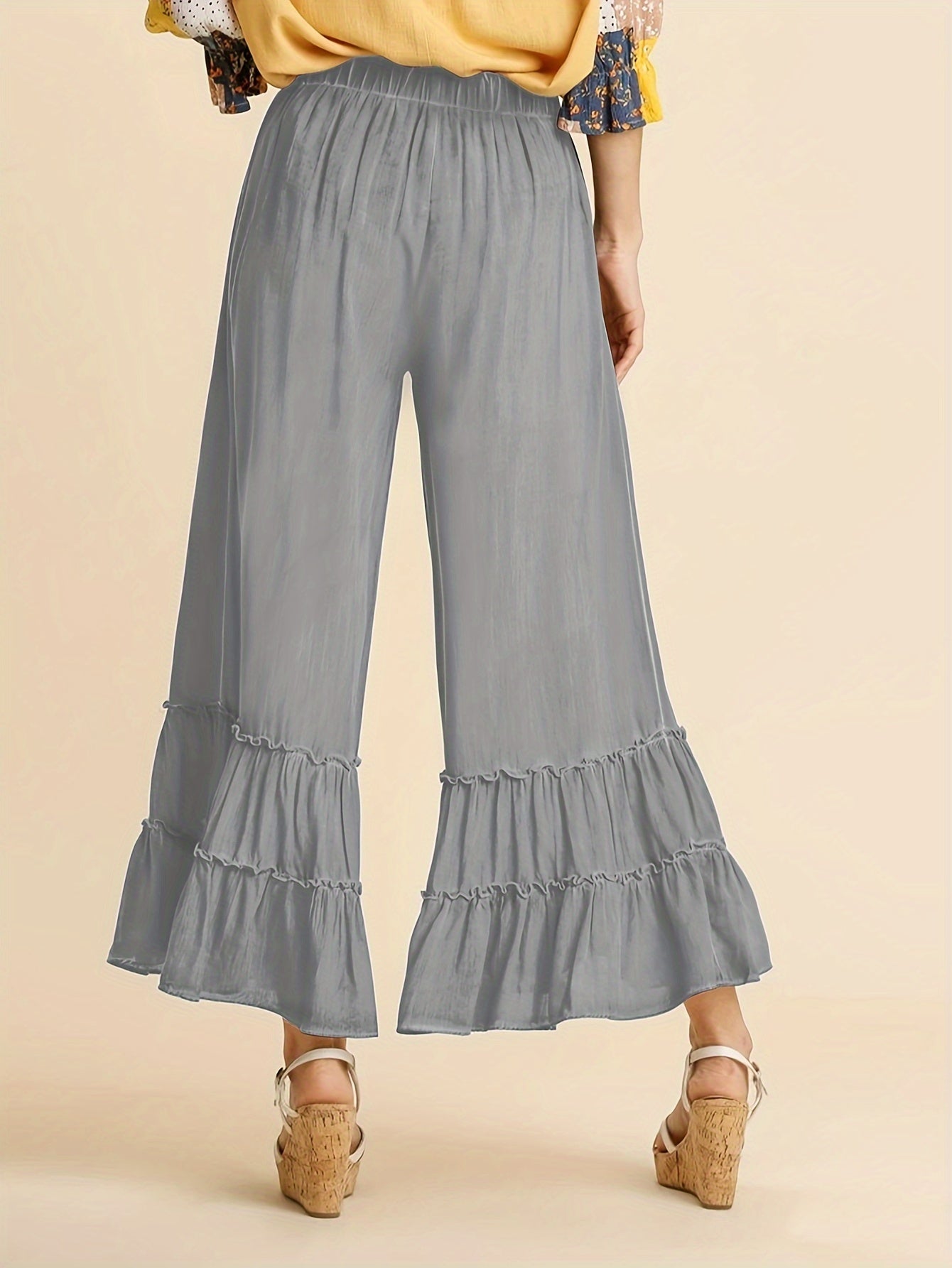 Women's Palazzo Pants For Elastic High Waisted Wide Leg Ruffle Ruched Loose Beach Trousers