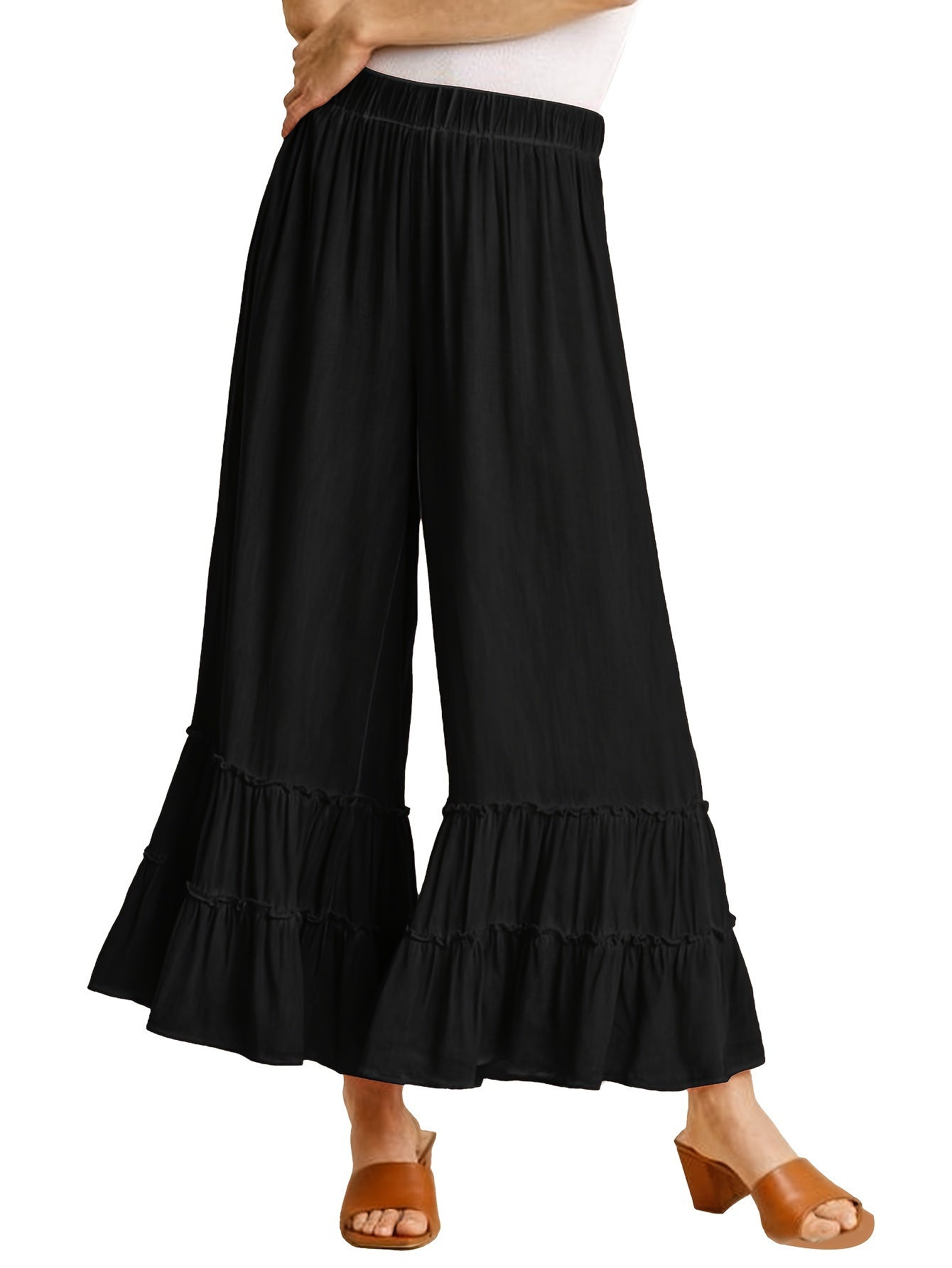 Women's Palazzo Pants For Elastic High Waisted Wide Leg Ruffle Ruched Loose Beach Trousers