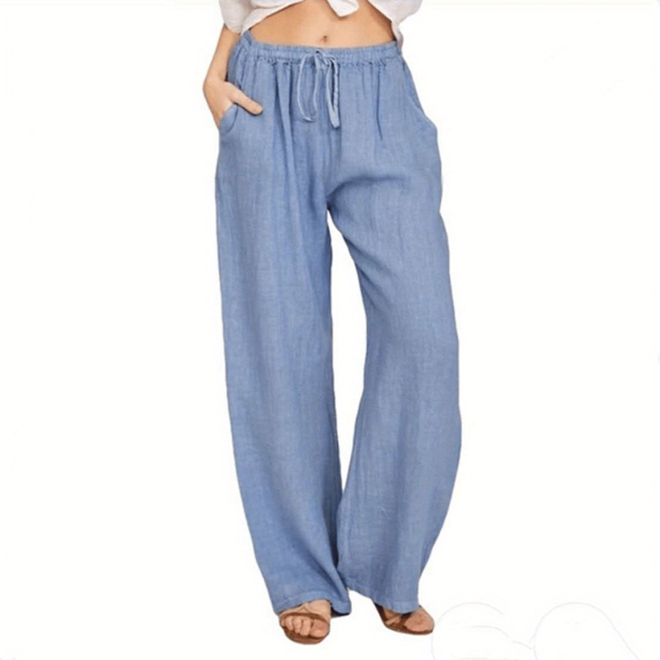 Women Loose Linen Pants Solid Color Drawstring High Waist Trousers with Pockets for Spring Summer