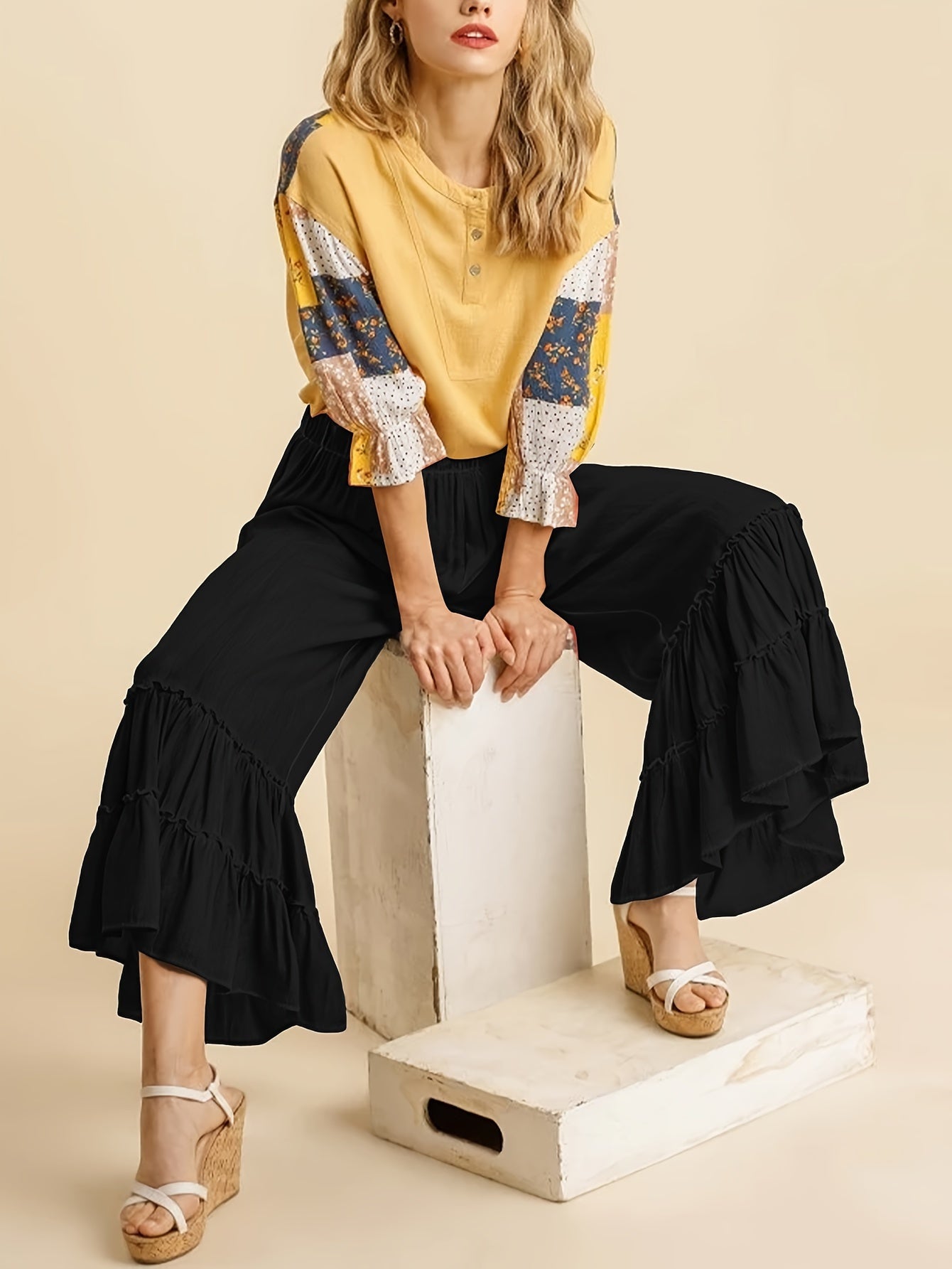 Women's Palazzo Pants For Elastic High Waisted Wide Leg Ruffle Ruched Loose Beach Trousers