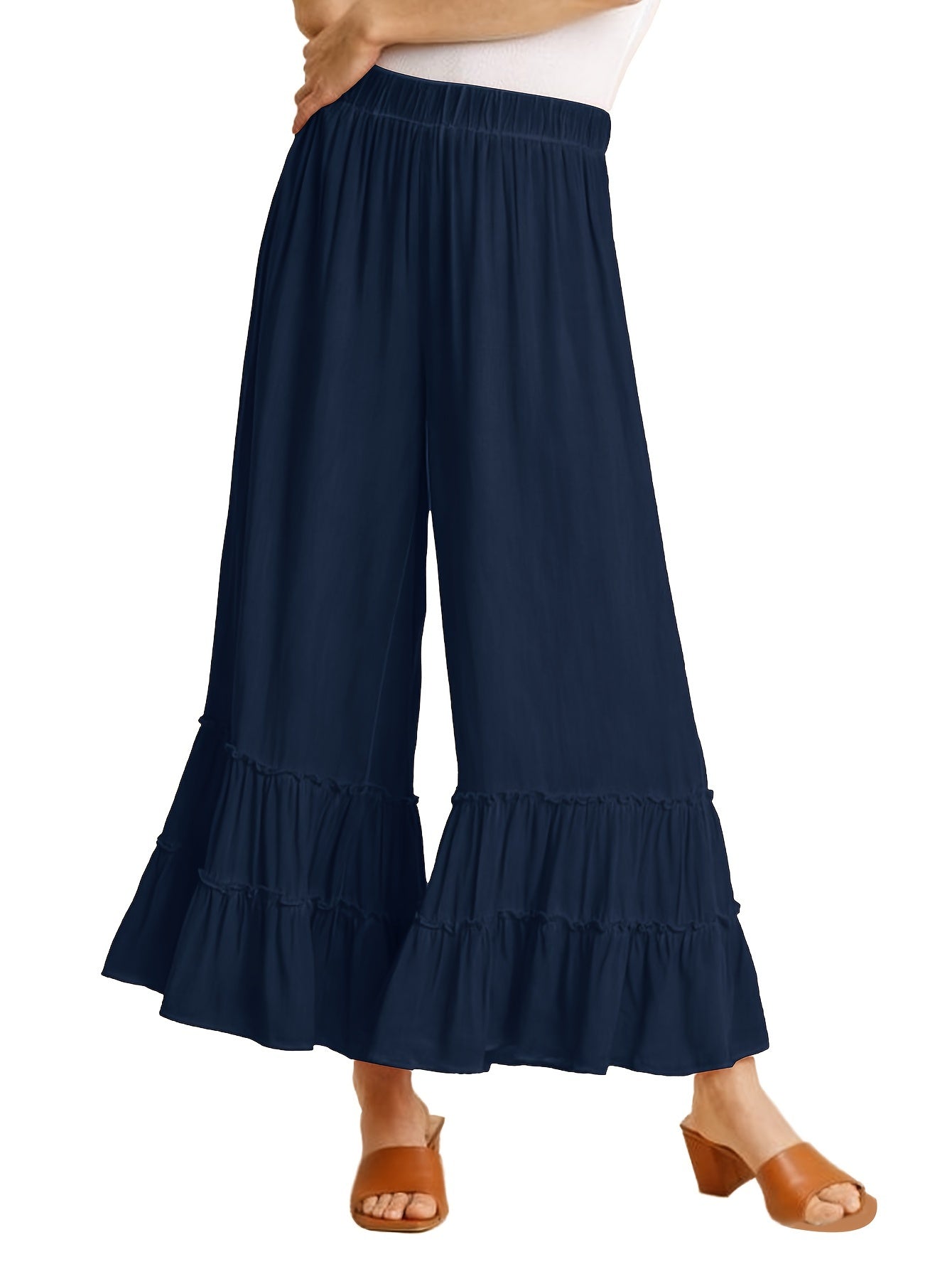 Women's Palazzo Pants For Elastic High Waisted Wide Leg Ruffle Ruched Loose Beach Trousers