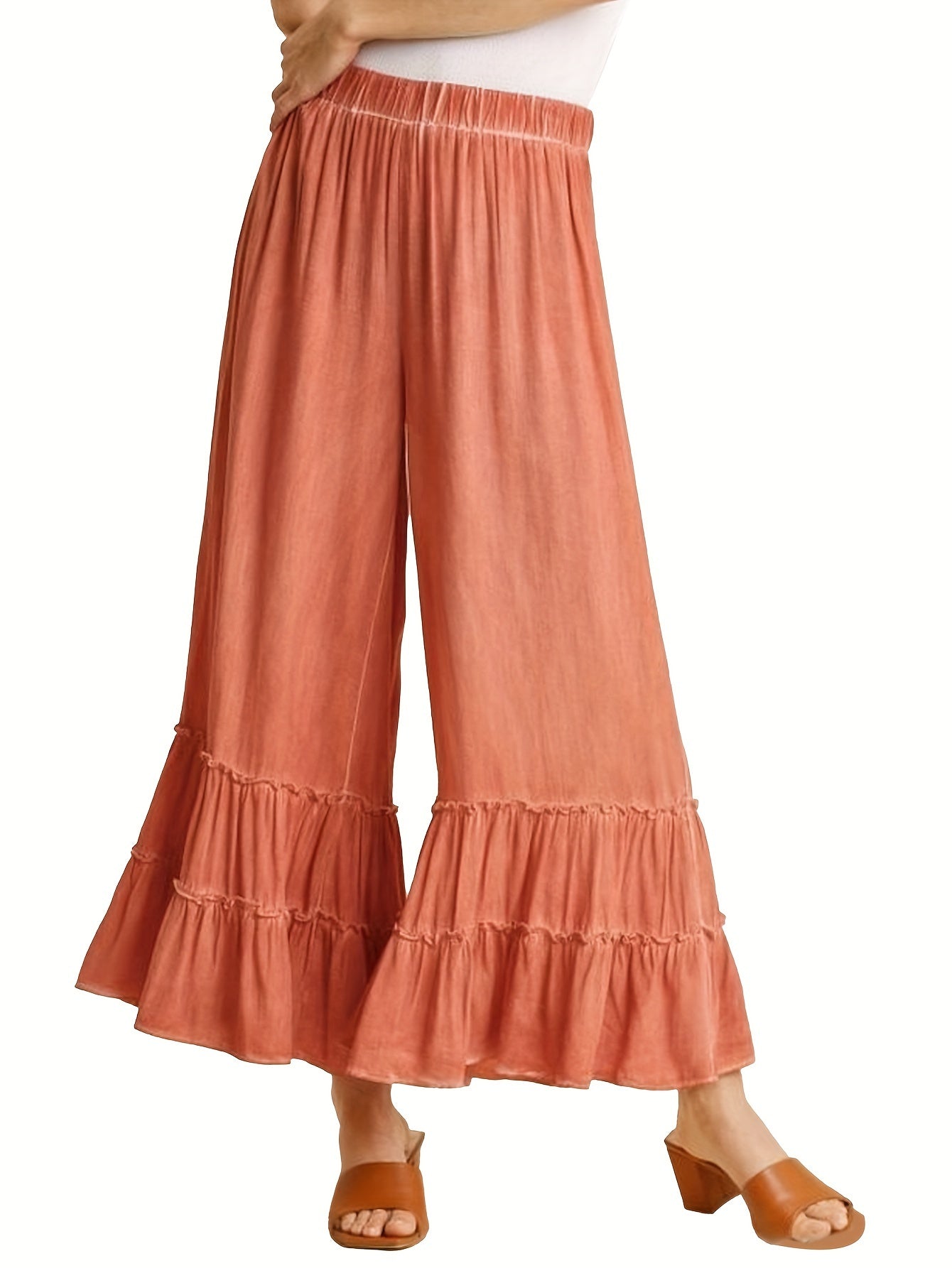 Women's Palazzo Pants For Elastic High Waisted Wide Leg Ruffle Ruched Loose Beach Trousers
