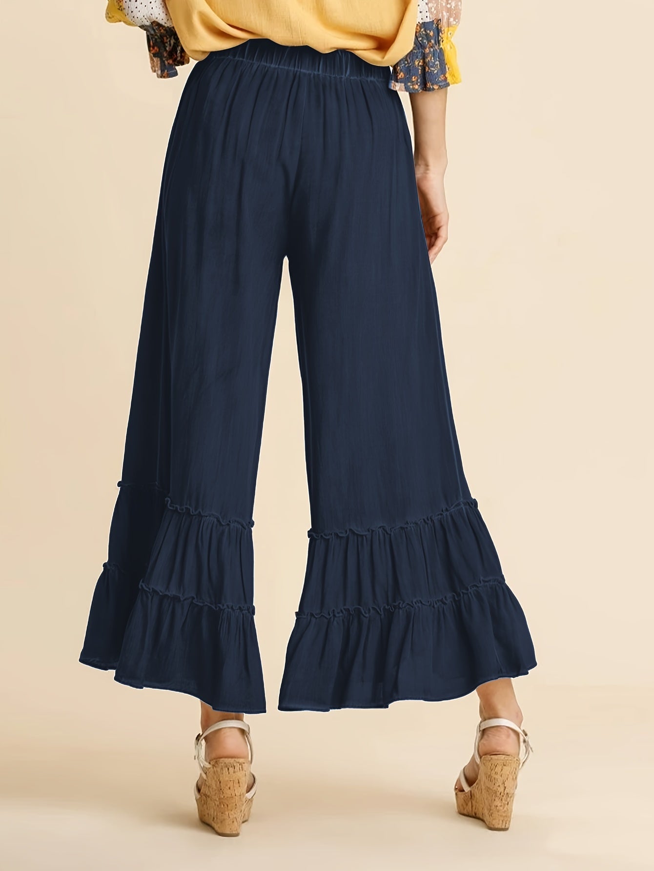 Women's Palazzo Pants For Elastic High Waisted Wide Leg Ruffle Ruched Loose Beach Trousers