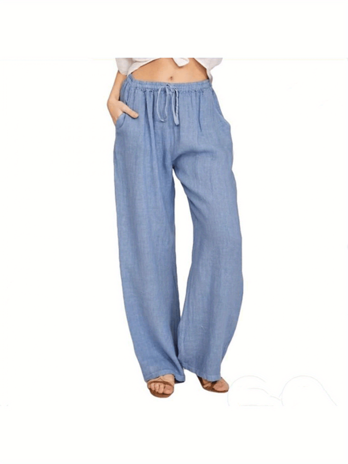 Women Loose Linen Pants Solid Color Drawstring High Waist Trousers with Pockets for Spring Summer