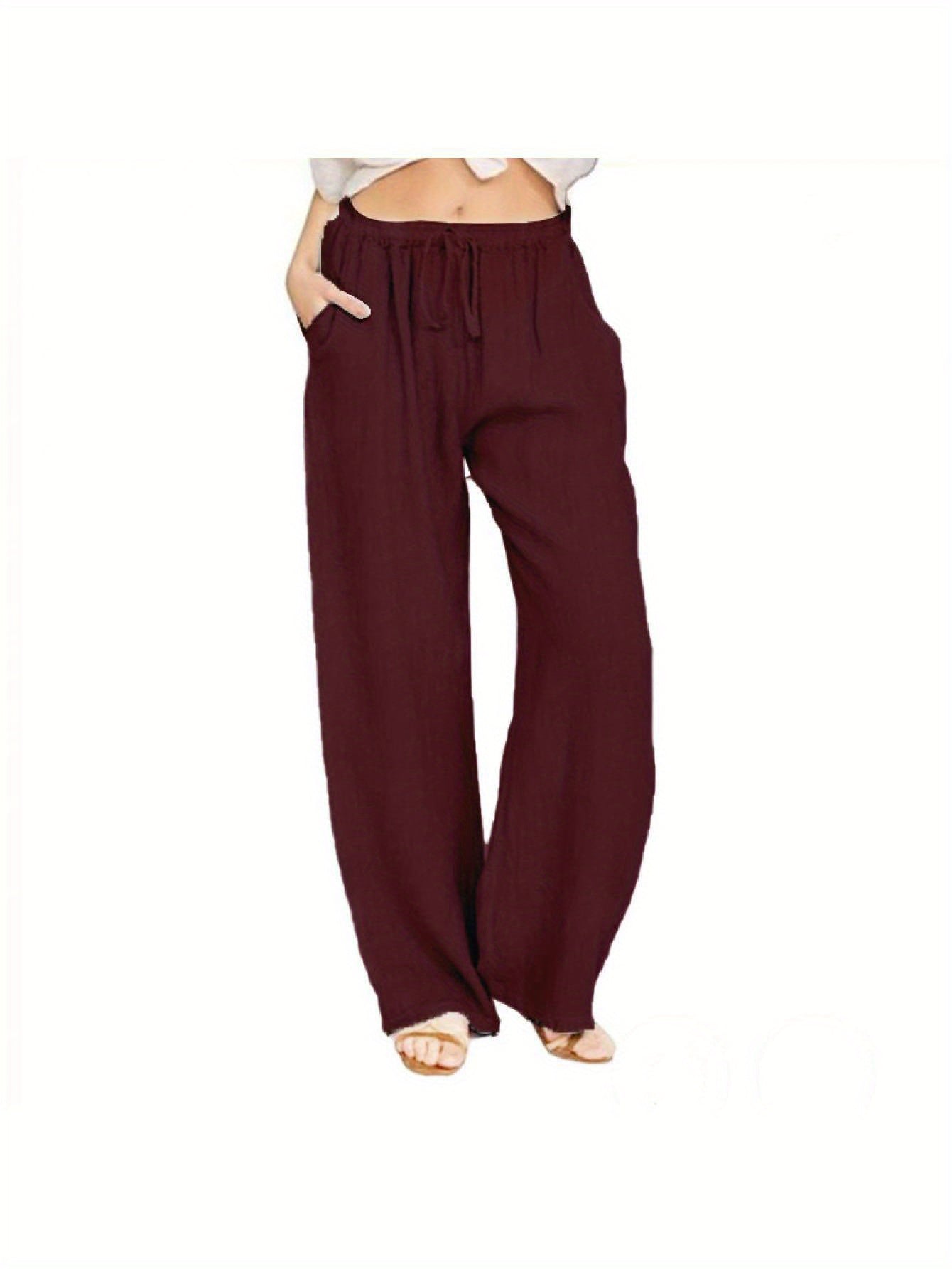 Women Loose Linen Pants Solid Color Drawstring High Waist Trousers with Pockets for Spring Summer