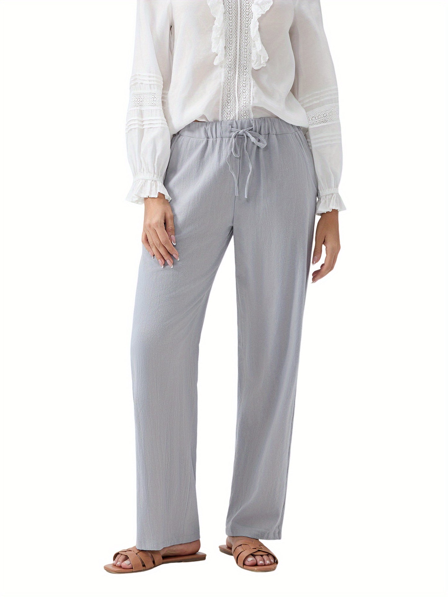 Women Loose Linen Pants Solid Color Drawstring High Waist Trousers with Pockets for Spring Summer