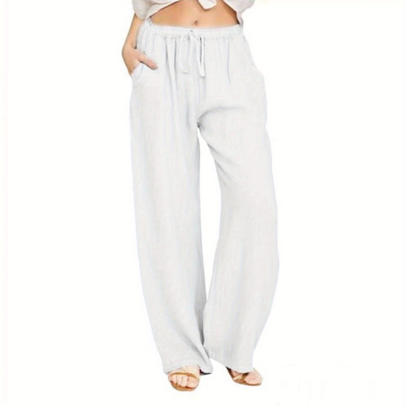Women Loose Linen Pants Solid Color Drawstring High Waist Trousers with Pockets for Spring Summer