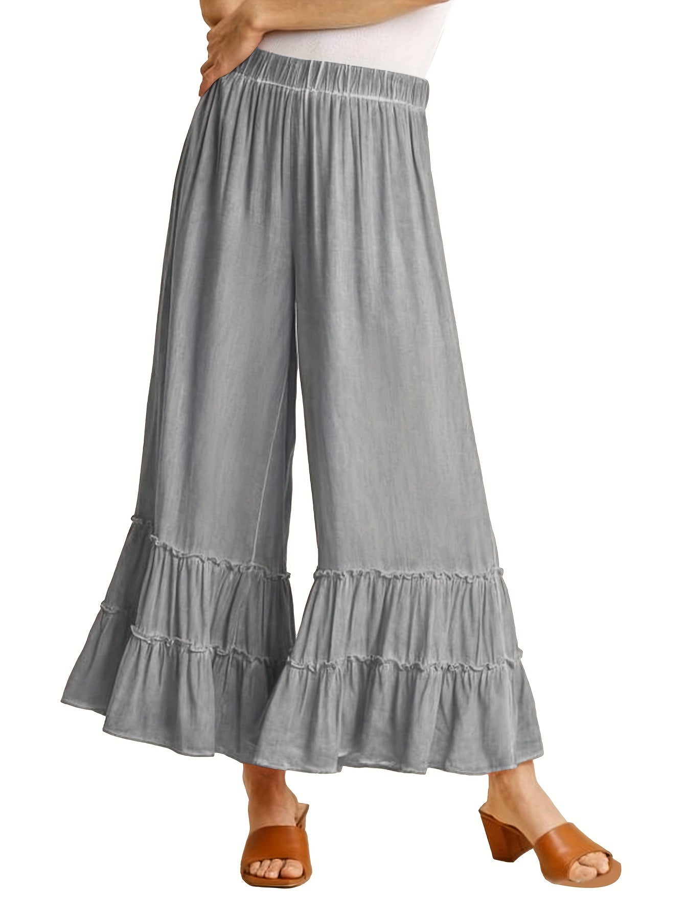 Women's Palazzo Pants For Elastic High Waisted Wide Leg Ruffle Ruched Loose Beach Trousers