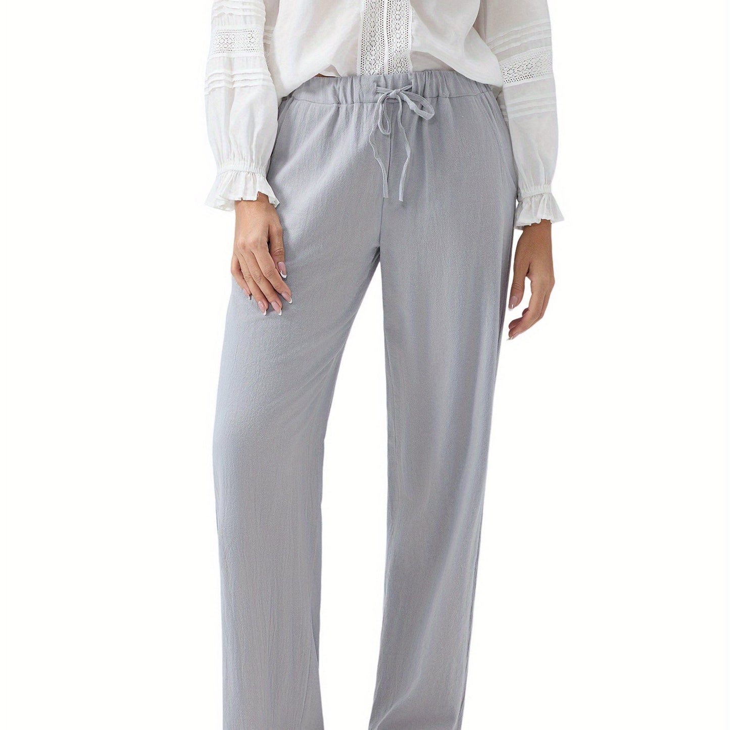 Women Loose Linen Pants Solid Color Drawstring High Waist Trousers with Pockets for Spring Summer
