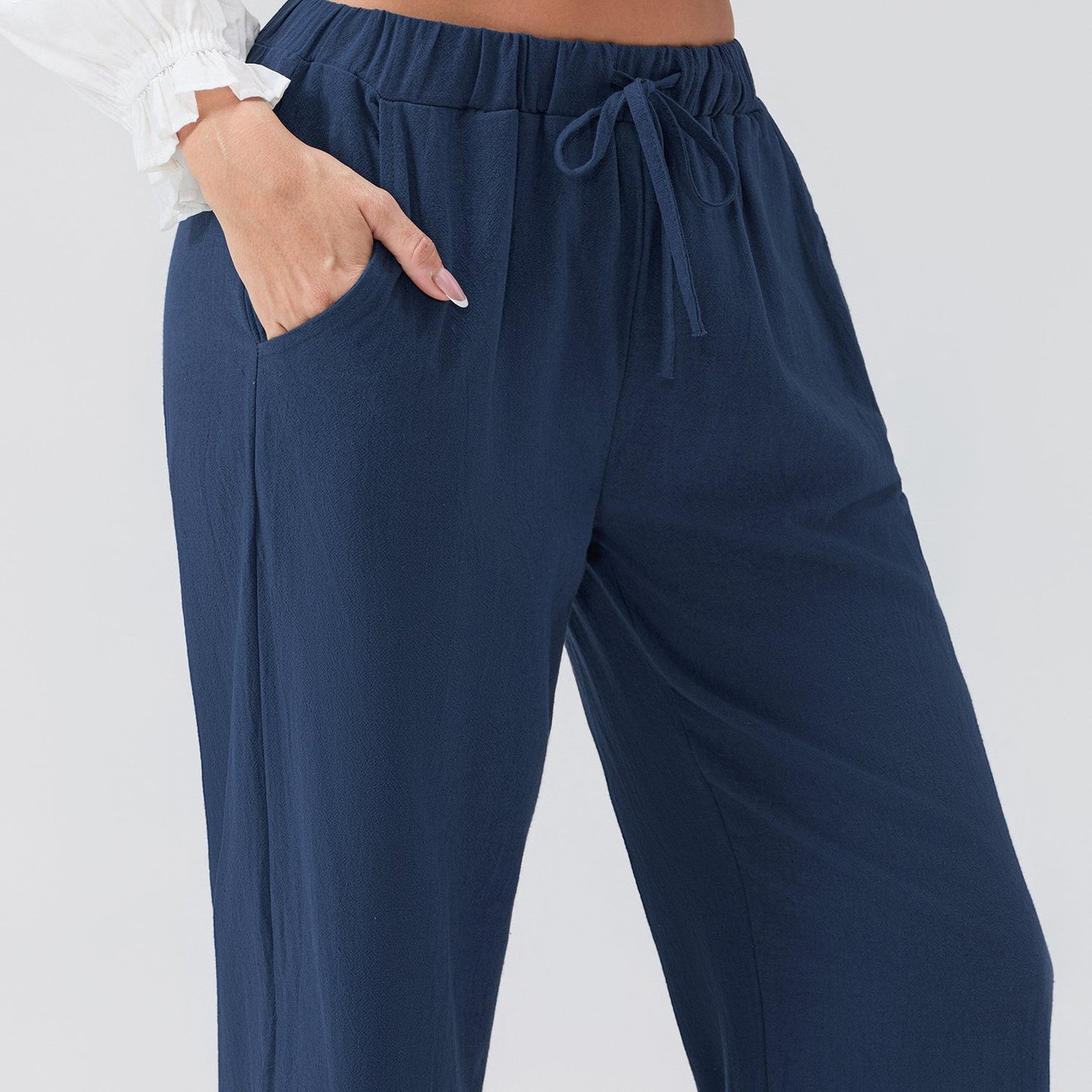Women Loose Linen Pants Solid Color Drawstring High Waist Trousers with Pockets for Spring Summer