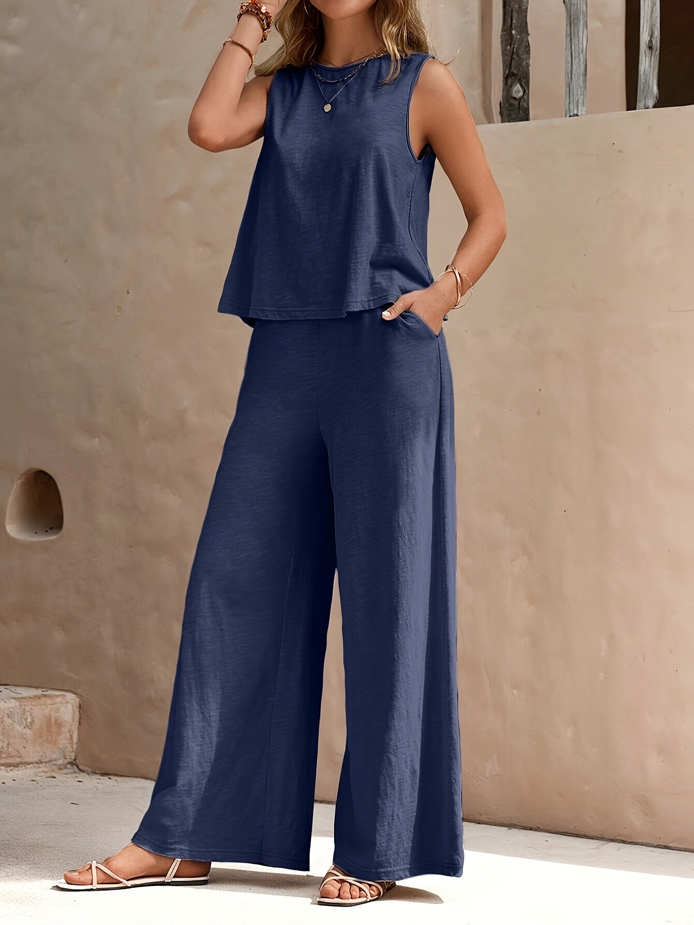 Chic Beige Women's Two-Piece Set - Casual Round Neck Sleeveless Top & Wide-Leg Pants, Machine Washable, Spring/Summer Collection