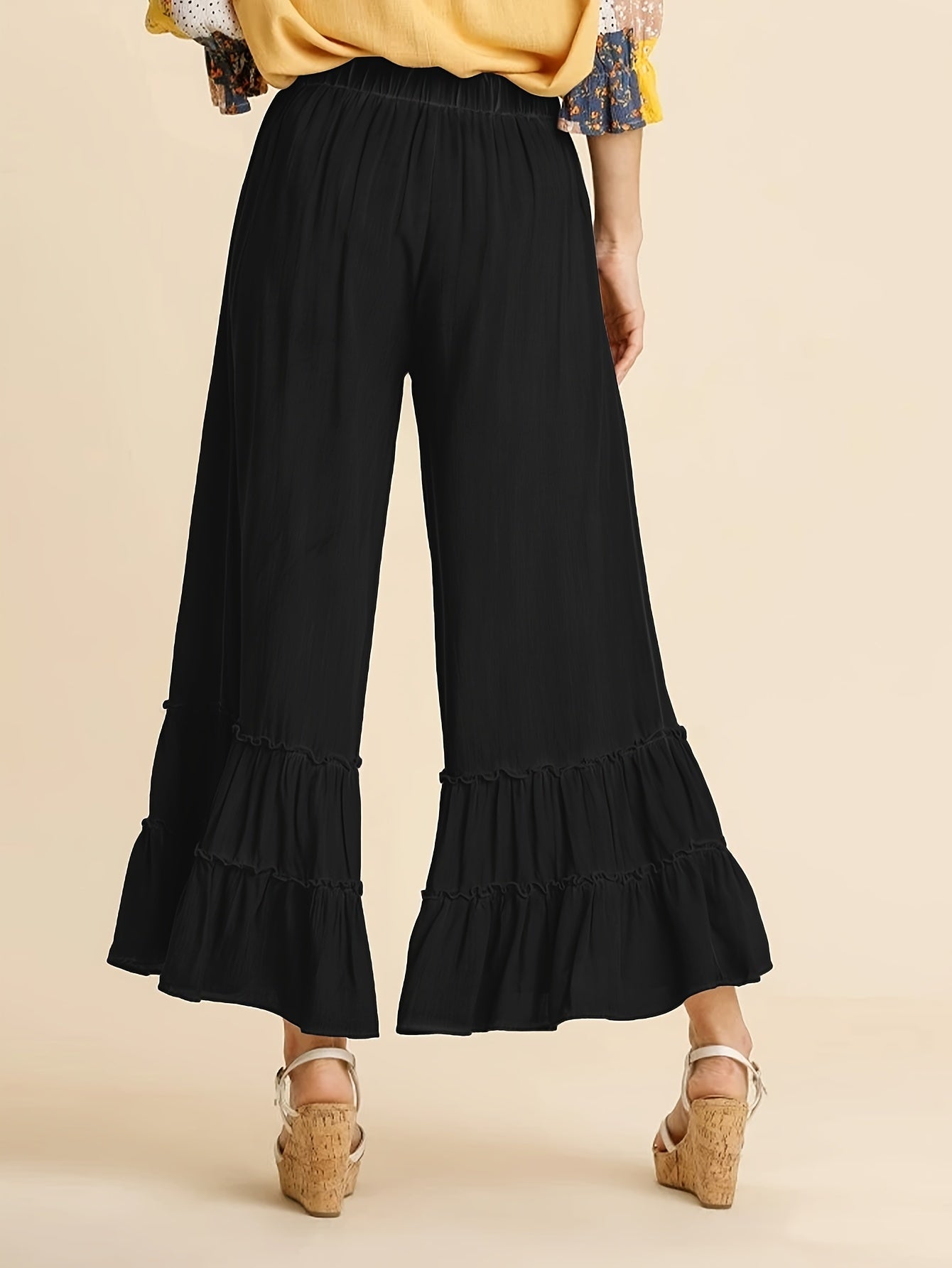 Women's Palazzo Pants For Elastic High Waisted Wide Leg Ruffle Ruched Loose Beach Trousers