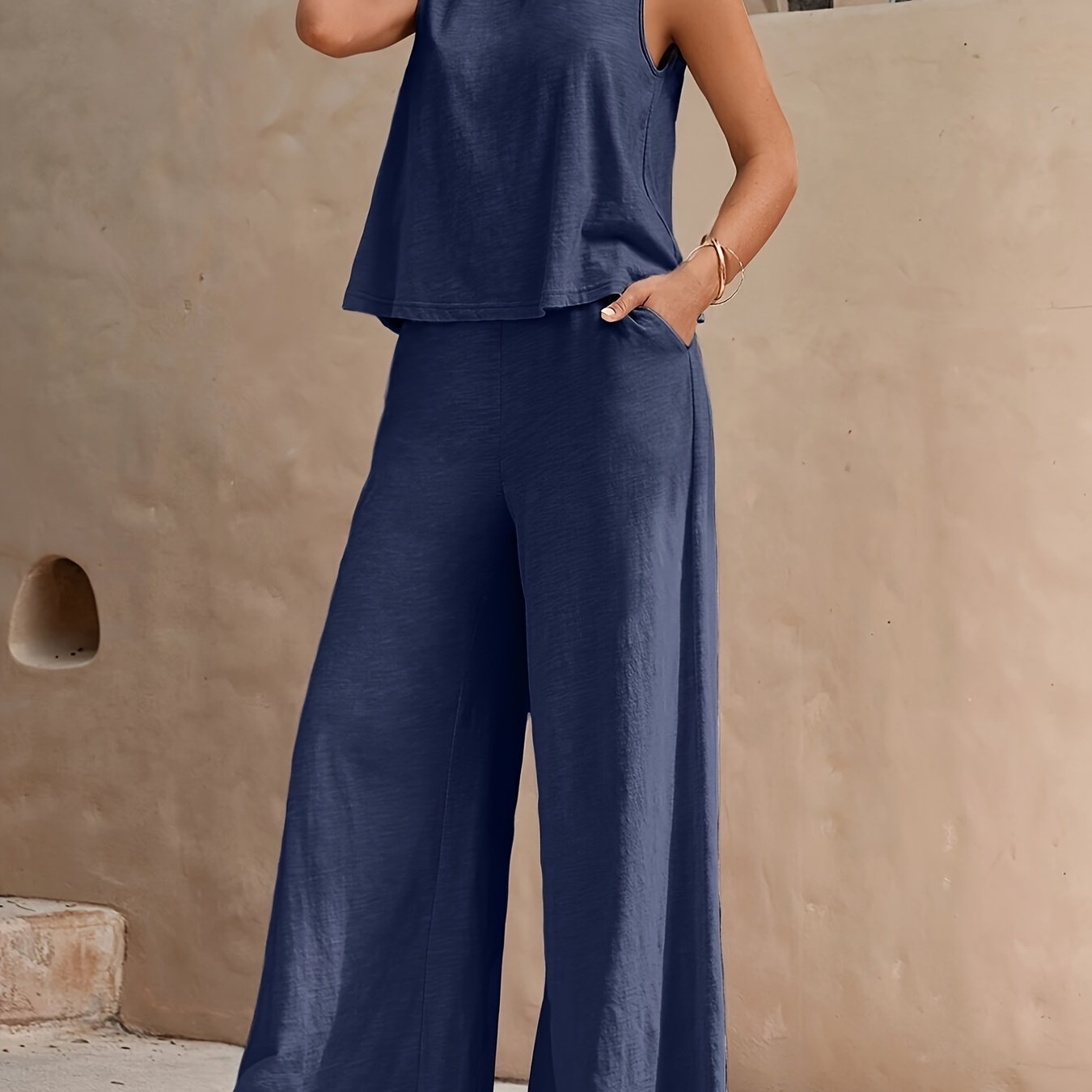 Chic Beige Women's Two-Piece Set - Casual Round Neck Sleeveless Top & Wide-Leg Pants, Machine Washable, Spring/Summer Collection