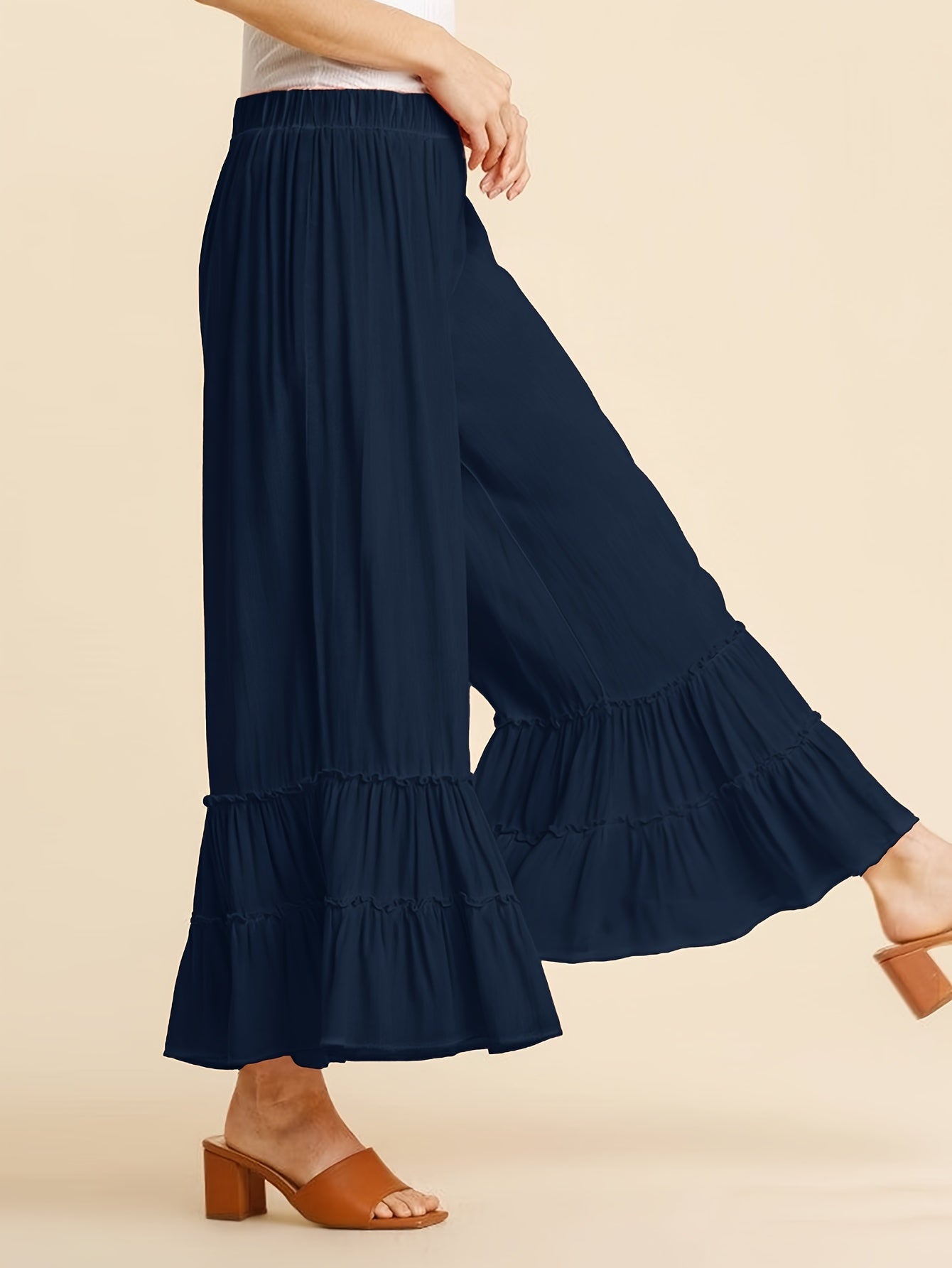 Women's Palazzo Pants For Elastic High Waisted Wide Leg Ruffle Ruched Loose Beach Trousers