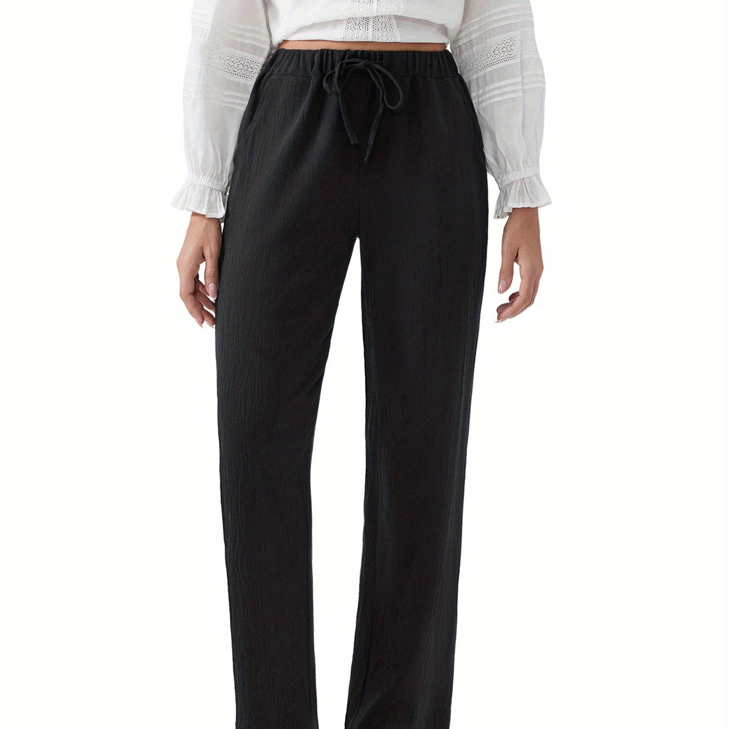 Women Loose Linen Pants Solid Color Drawstring High Waist Trousers with Pockets for Spring Summer