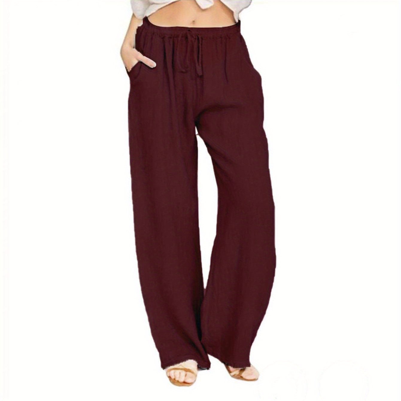 Women Loose Linen Pants Solid Color Drawstring High Waist Trousers with Pockets for Spring Summer